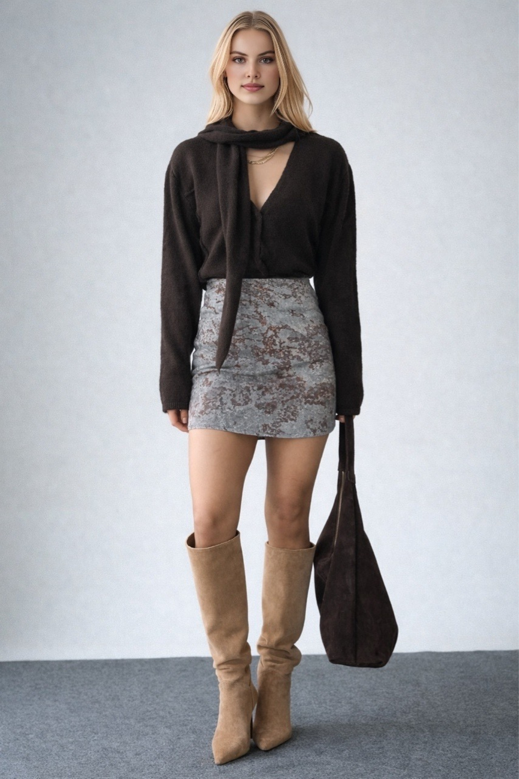 Kadın Batik Desenli Denim Mini Etek