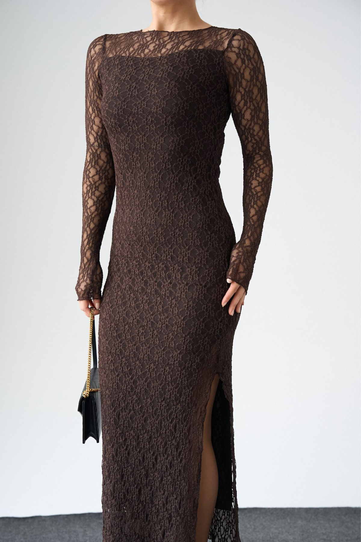 Kadın Kahve Kayık Yaka Dantel Elbise