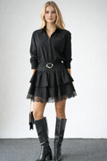 Kadın Siyah Kemer Detaylı Etek Ucu Dantelli Elbise