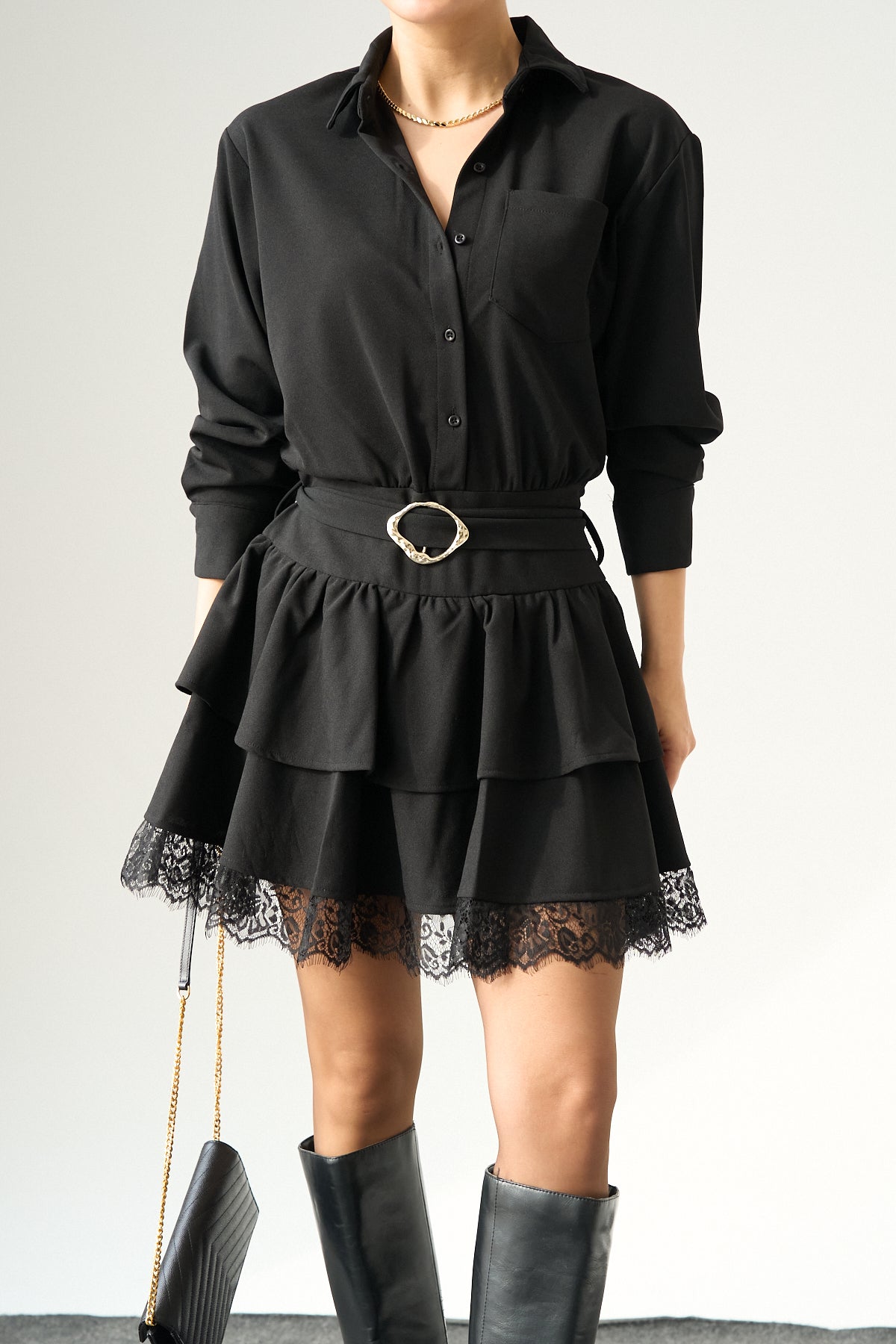 Kadın Siyah Kemer Detaylı Etek Ucu Dantelli Elbise