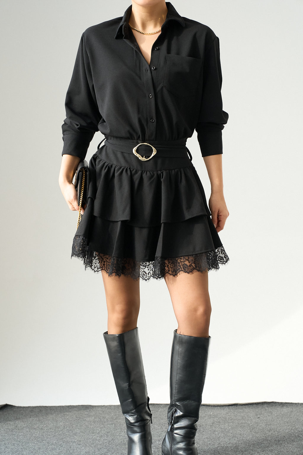 Kadın Siyah Kemer Detaylı Etek Ucu Dantelli Elbise