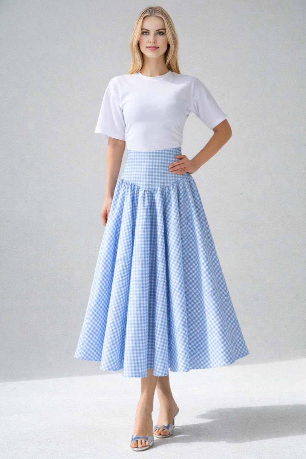 Kadın Yüksek Bel Pötikare Desenli Volanlı Etek