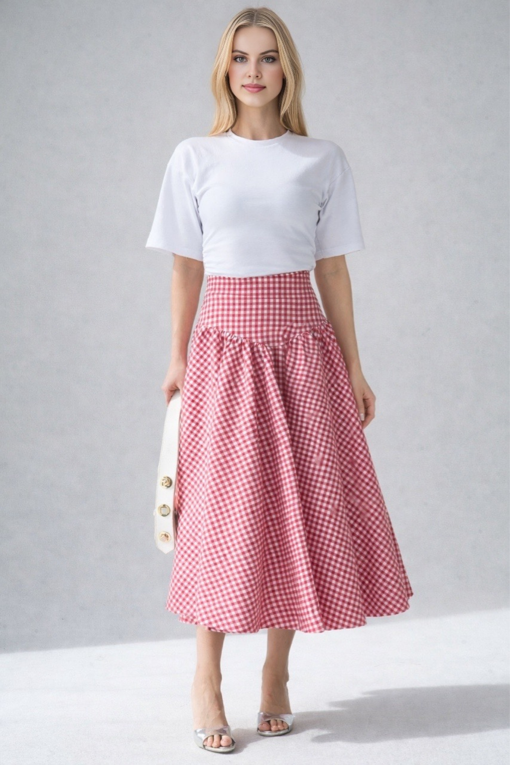 Kadın Yüksek Bel Pötikare Desenli Volanlı Etek