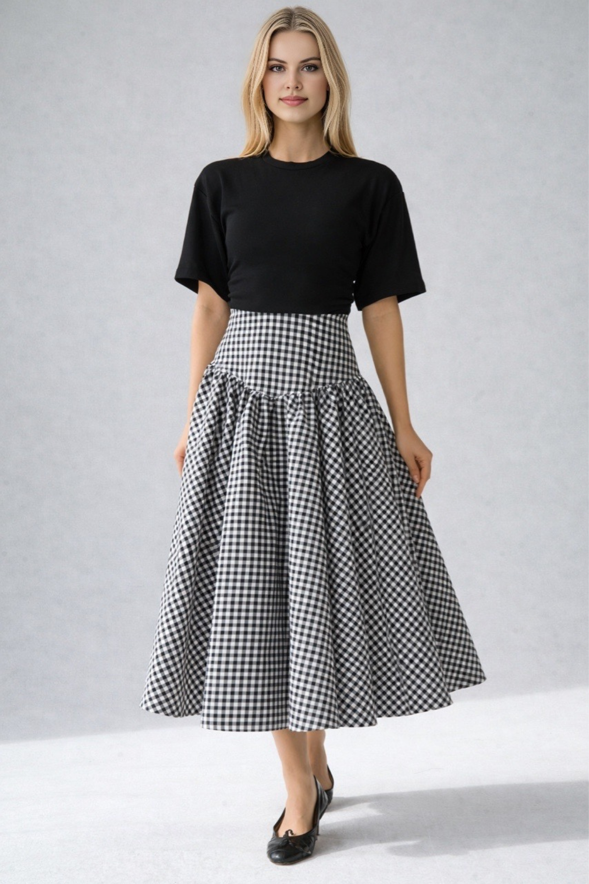 Kadın Yüksek Bel Pötikare Desenli Volanlı Etek