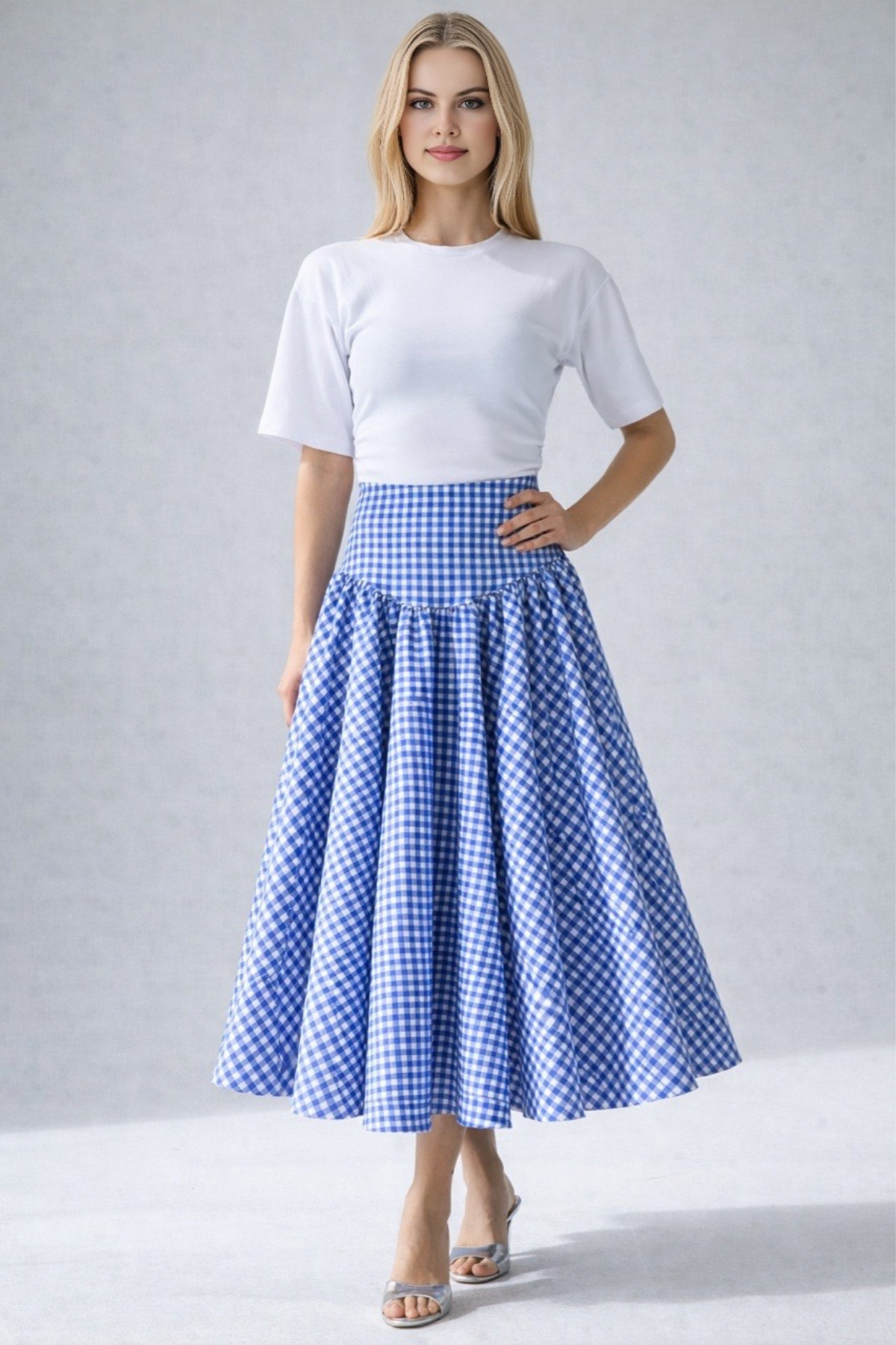 Kadın Yüksek Bel Pötikare Desenli Volanlı Etek