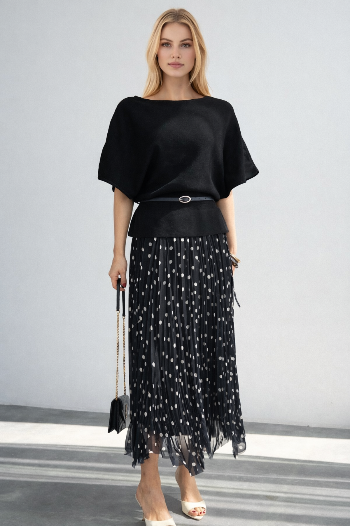 Kadın Puantiye Desenli Asimetrik Kesim Etek