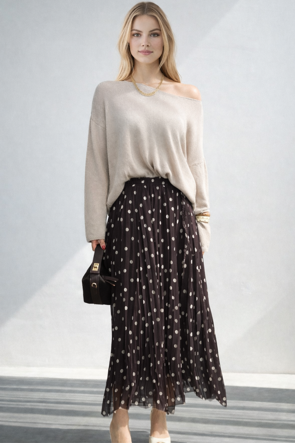 Kadın Puantiye Desenli Asimetrik Kesim Etek