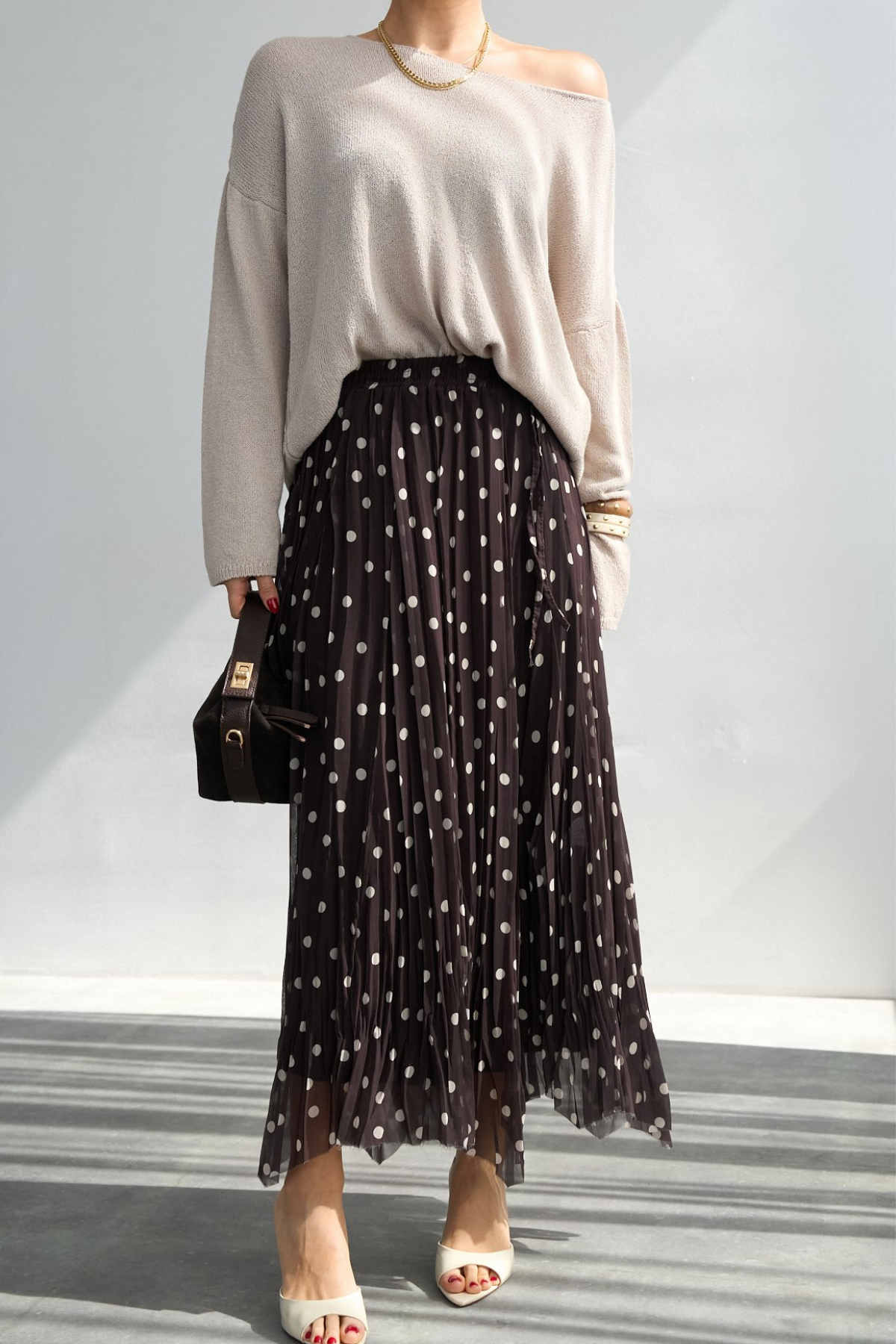 Kadın Puantiye Desenli Asimetrik Kesim Etek