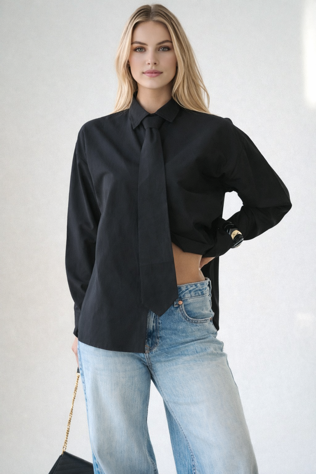 Kadın Kravat Detaylı Pamuklu Gömlek