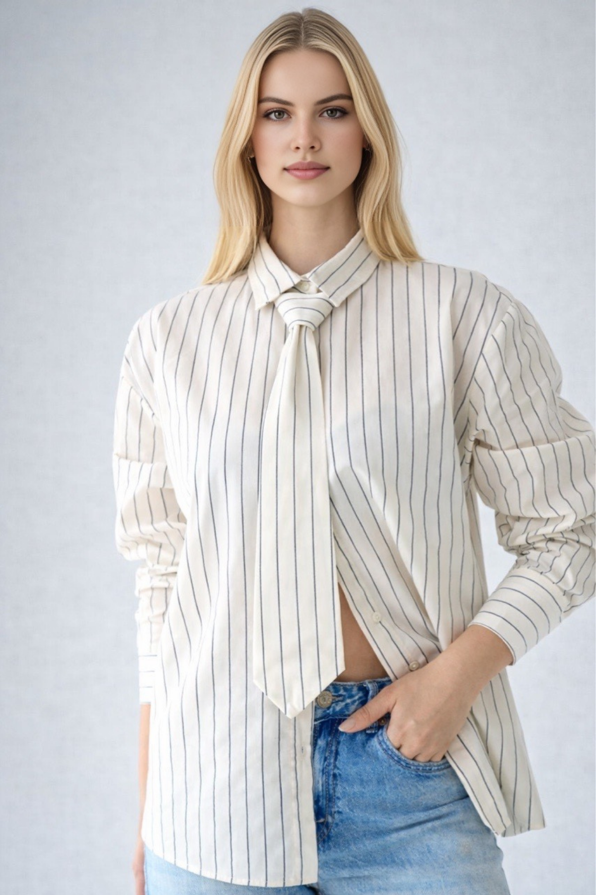 Kadın Kravat Aksesuar Detaylı Pamuklu Gömlek