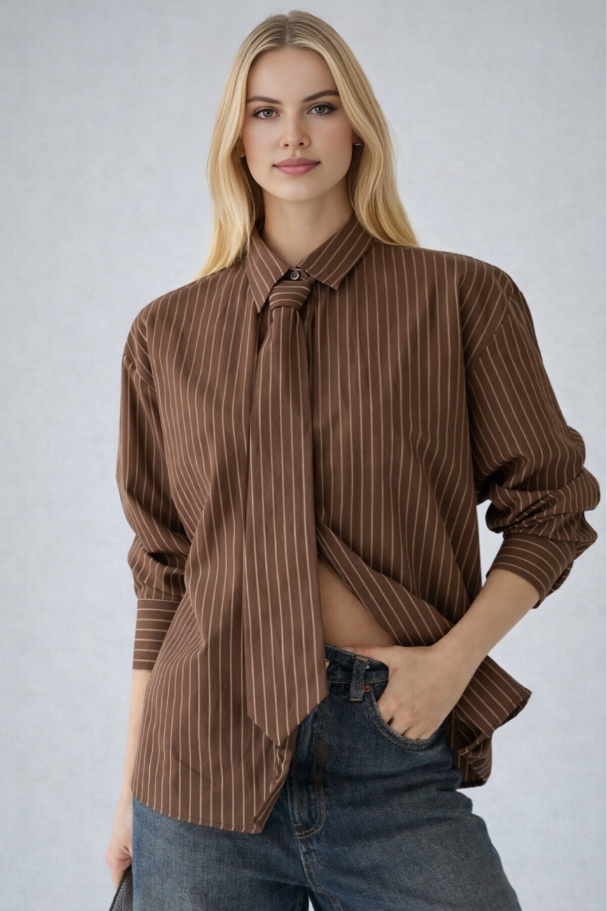 Kadın Kravat Aksesuar Detaylı Pamuklu Gömlek