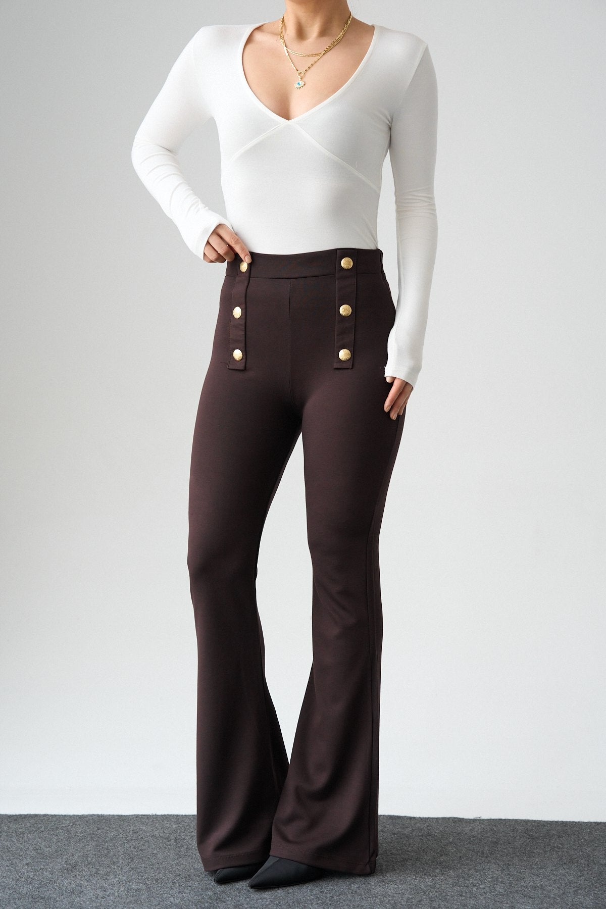 Kadın Gold Düğmeli İspanyol Paça Pantolon