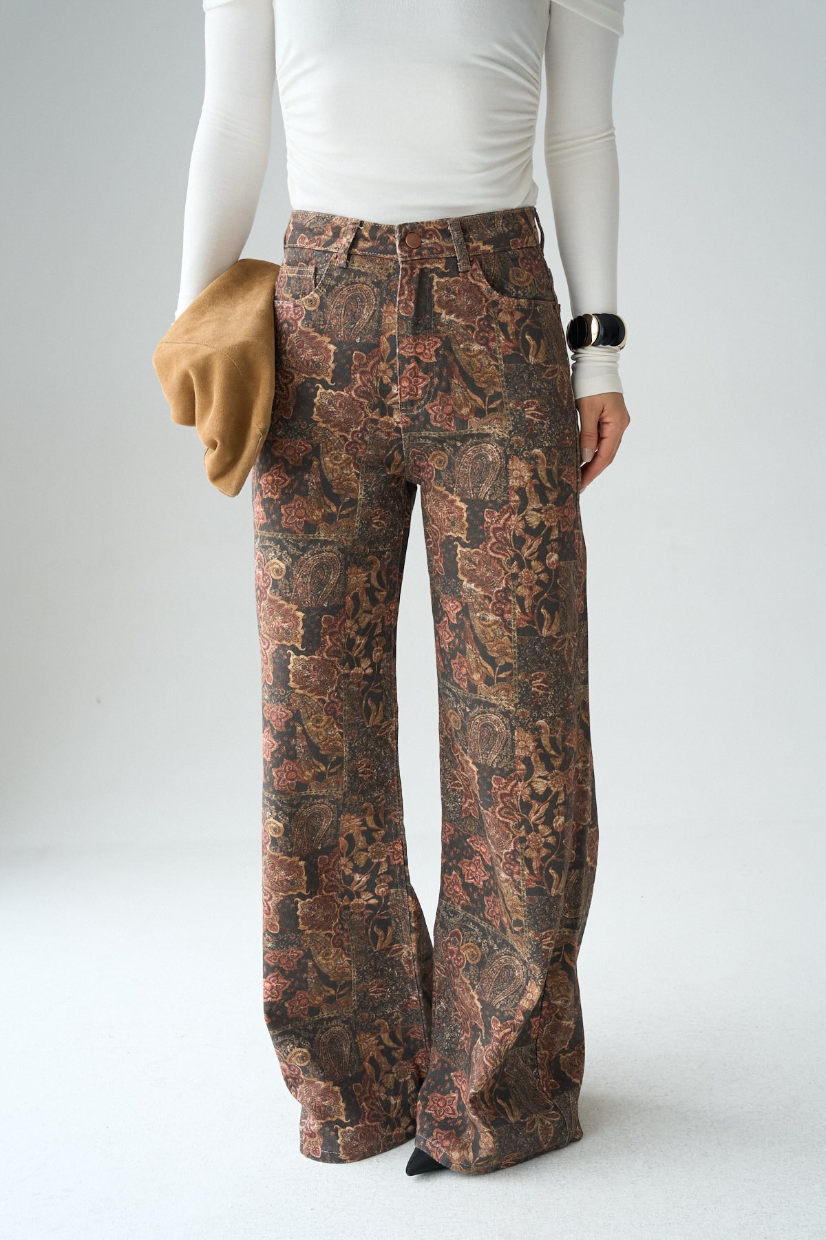 Kadın Bordo Etnik Desenli İspanyol Paça Denim Pantolon