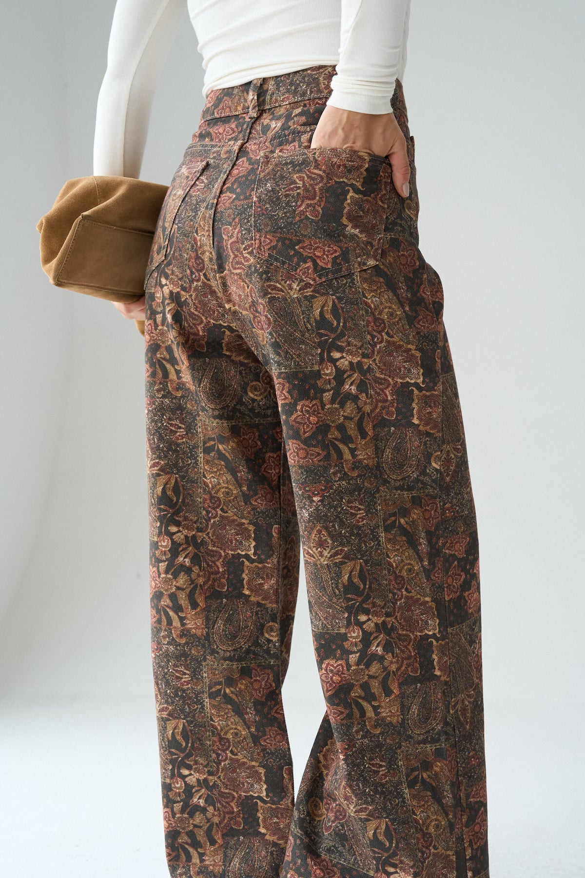 Kadın Bordo Etnik Desenli İspanyol Paça Denim Pantolon