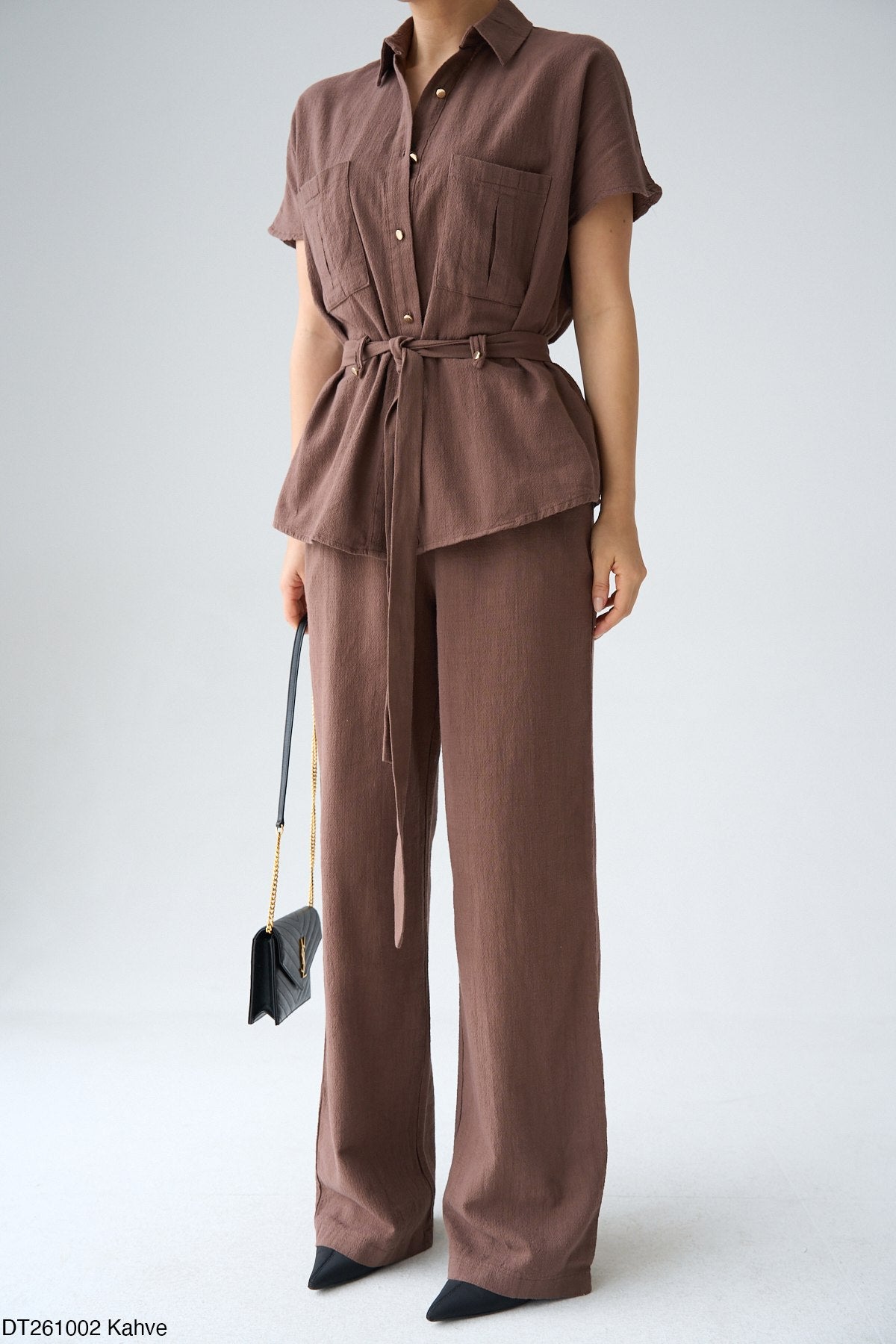 Kadın Kuşak Detaylı Gömlek Pantolon Pamuklu Takım