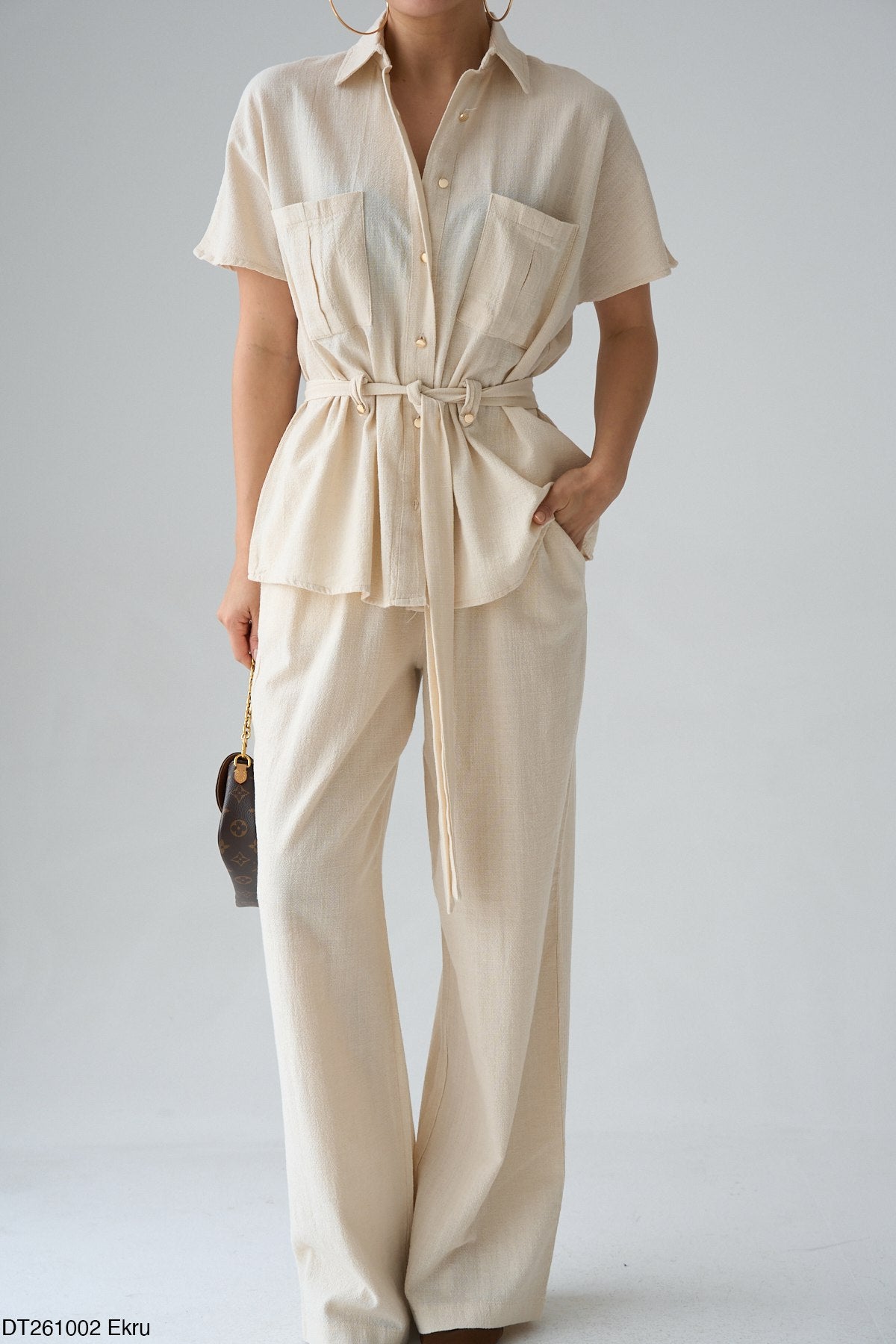 Kadın Kuşak Detaylı Gömlek Pantolon Pamuklu Takım