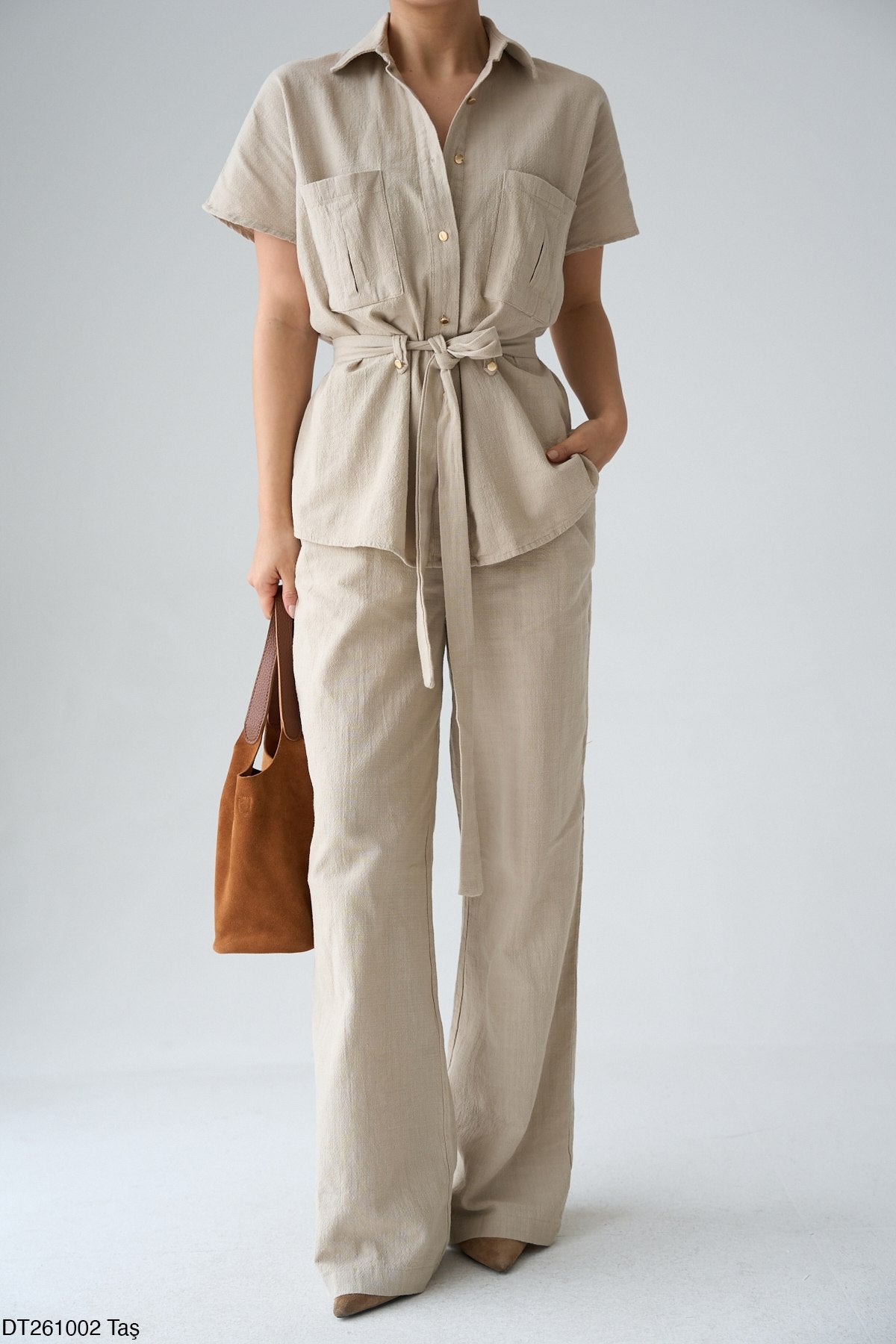 Kadın Kuşak Detaylı Gömlek Pantolon Pamuklu Takım