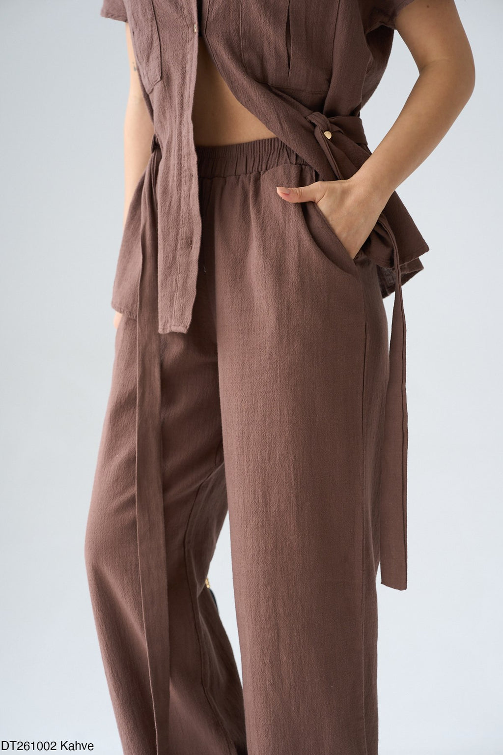 Kadın Kuşak Detaylı Gömlek Pantolon Pamuklu Takım