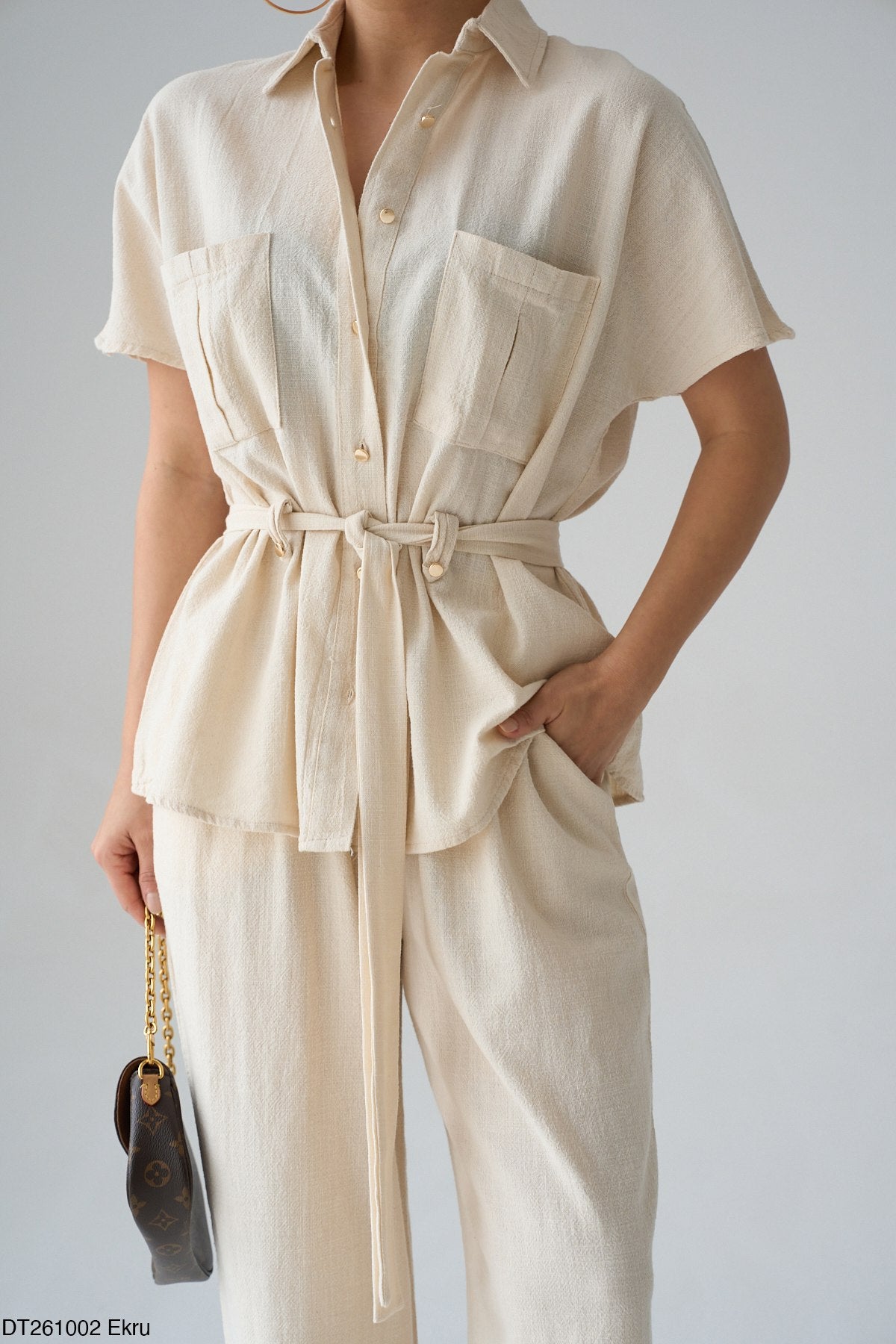 Kadın Kuşak Detaylı Gömlek Pantolon Pamuklu Takım