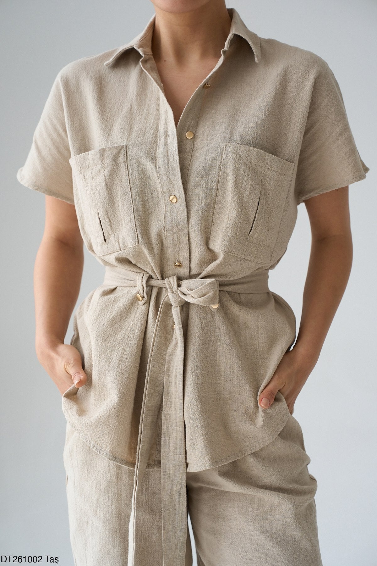 Kadın Kuşak Detaylı Gömlek Pantolon Pamuklu Takım