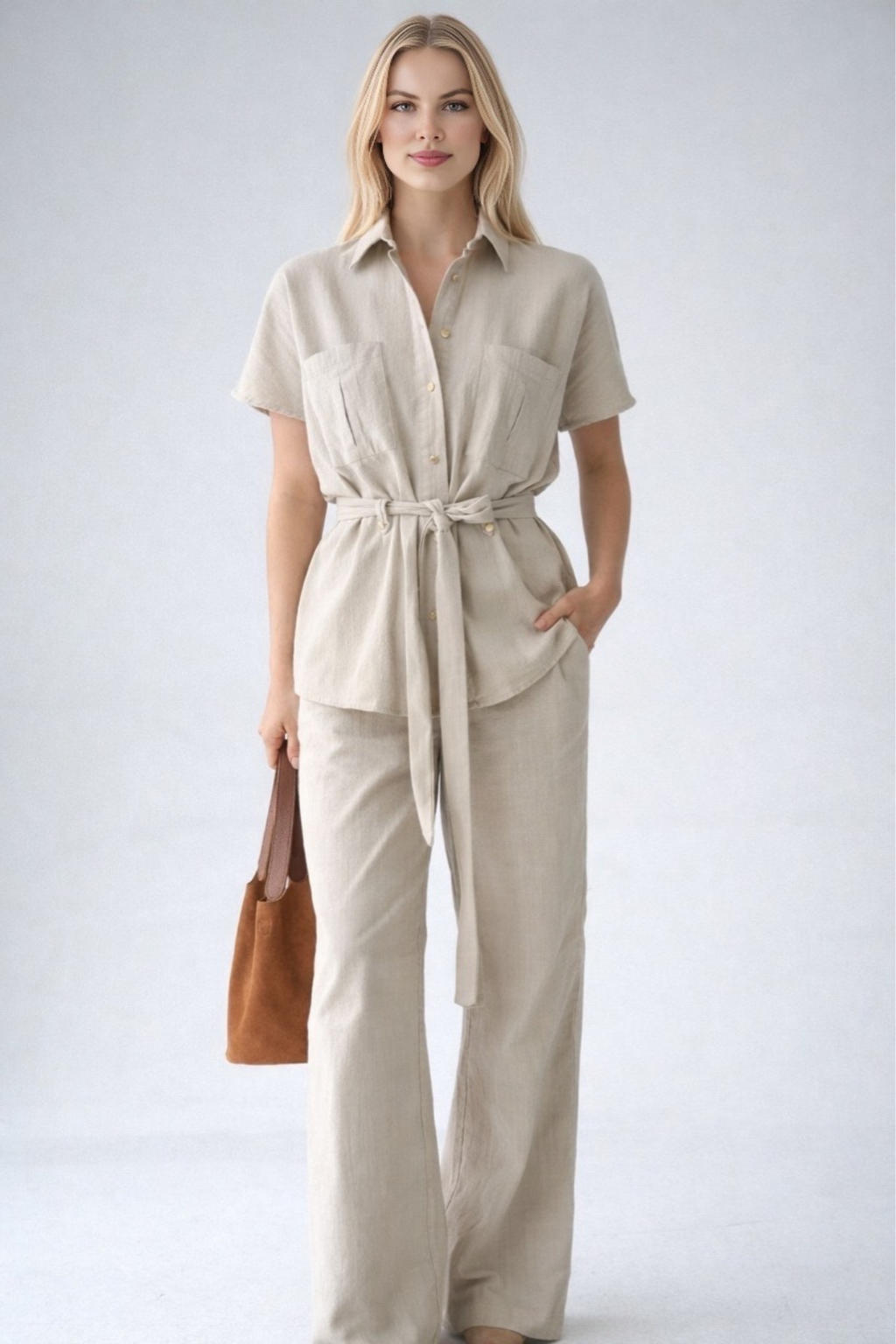 Kadın Kuşak Detaylı Gömlek Pantolon Pamuklu Takım