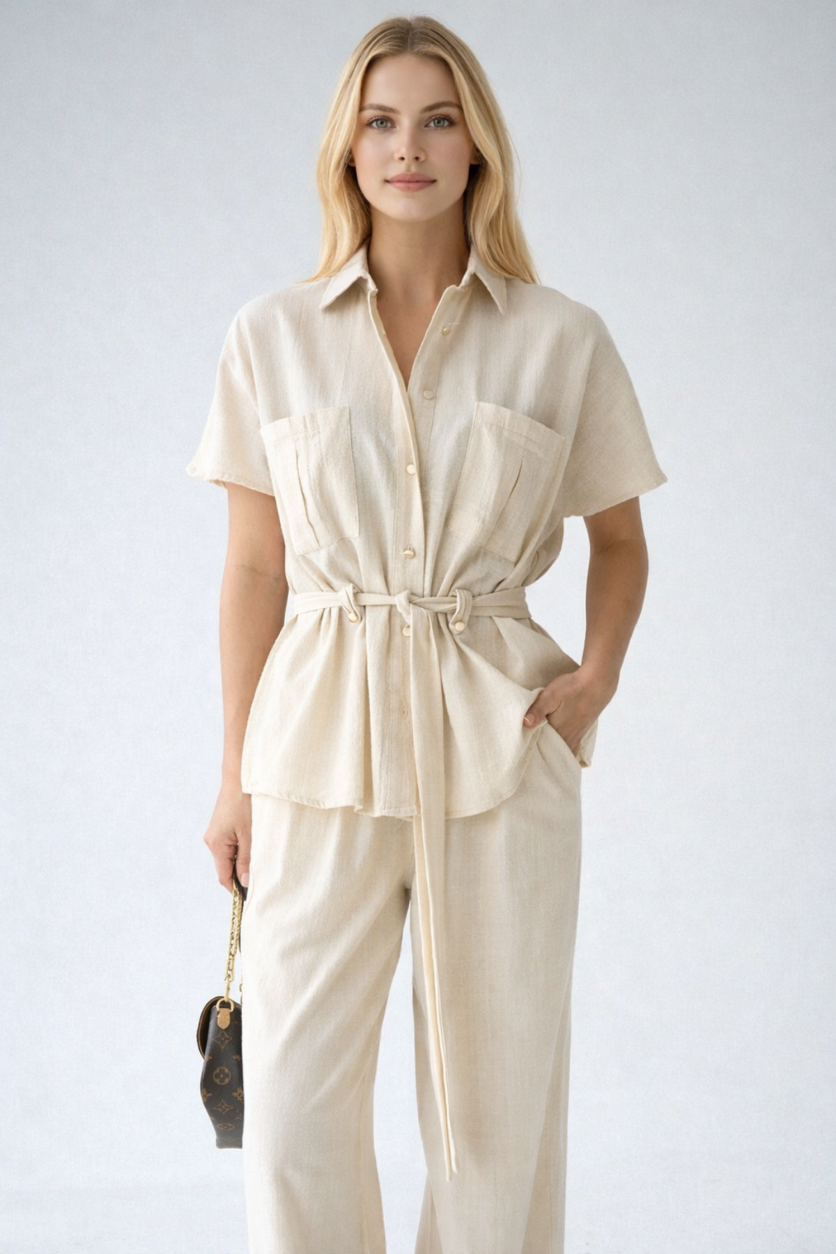 Kadın Kuşak Detaylı Gömlek Pantolon Pamuklu Takım