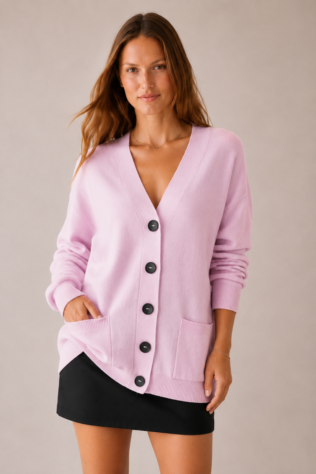Pudra V Yaka Cepli Oversize Triko Hırka