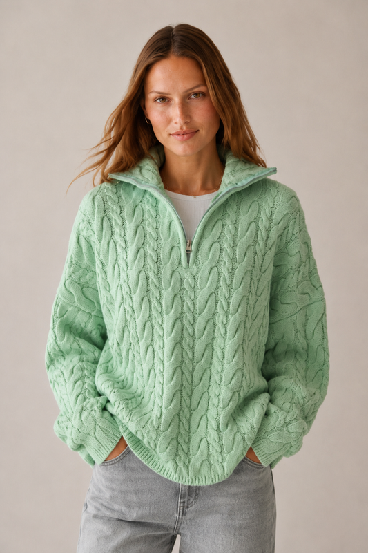 Yakası Fermuarlı Örgü Desen Oversize Kazak