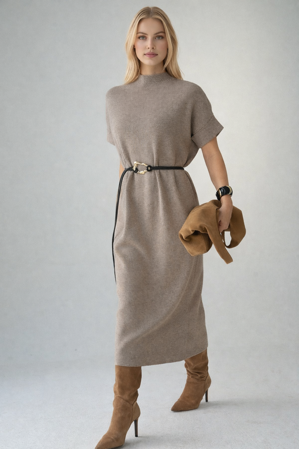 Kadın Yarım Balıkçı Yaka Kemerli Elbise