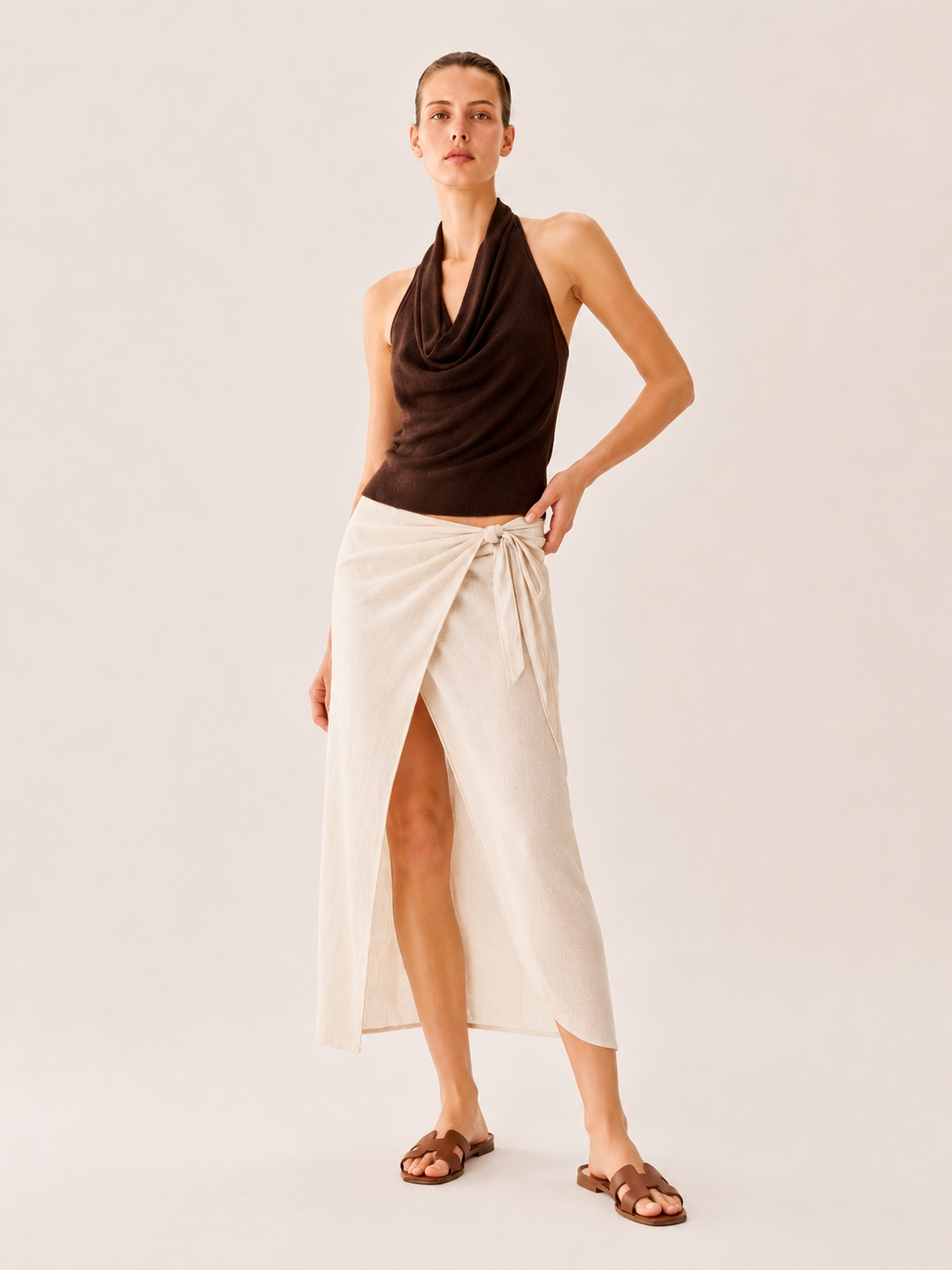 Naturel Keten Karışımlı Yandan Bağlamalı Sarong Etek