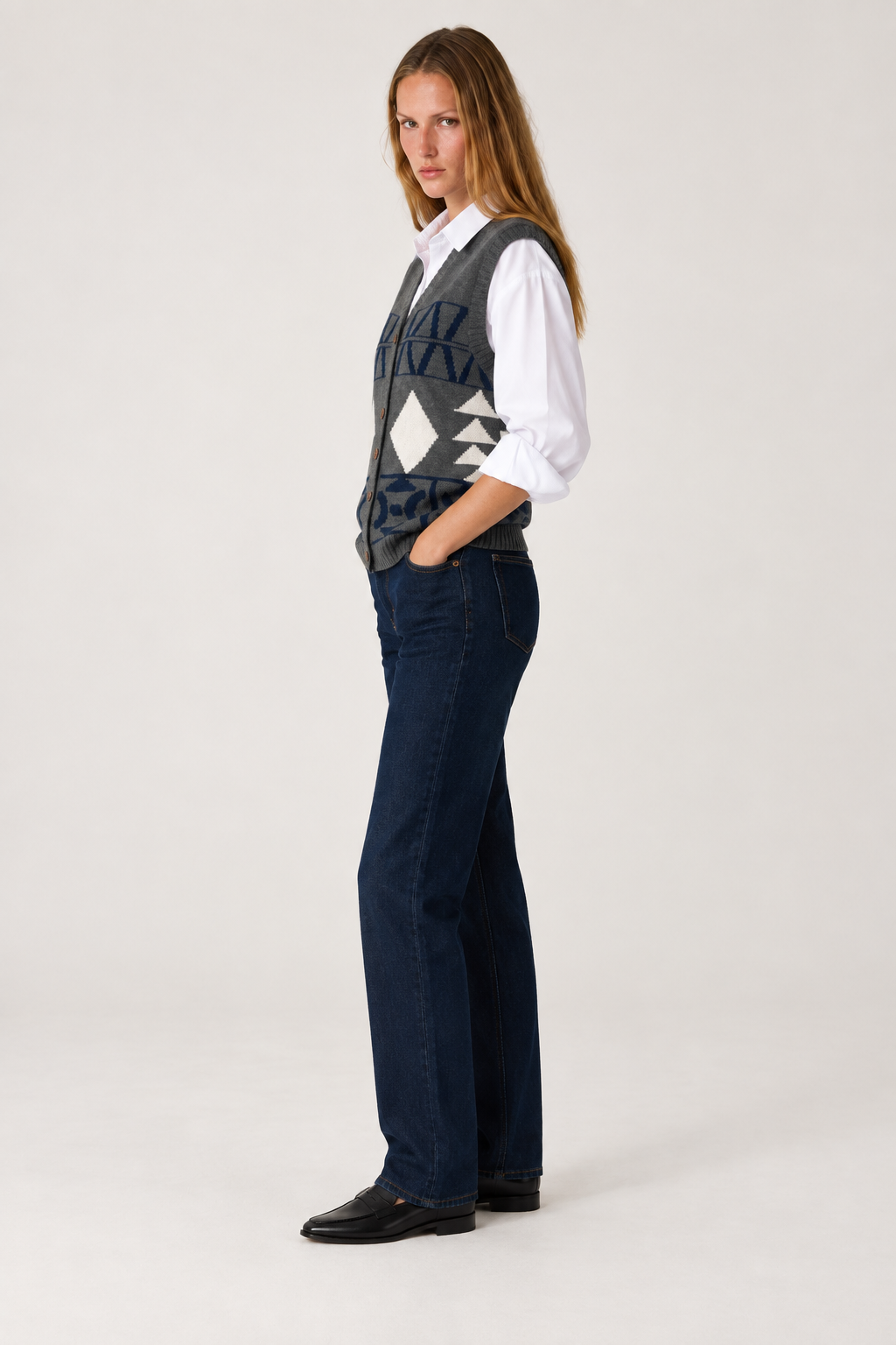 Bisiklet Yaka Etnik Desen Oversize Yelek