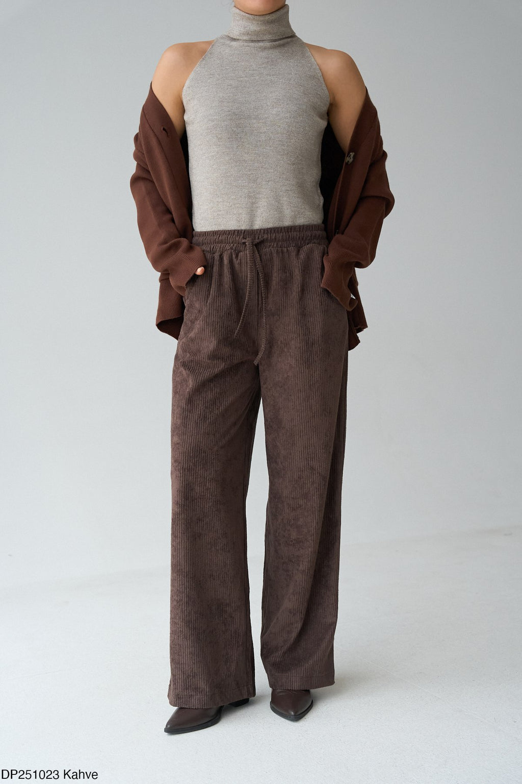 Kadın Kahve Geniş Paça Fitilli Kadife Pantolon