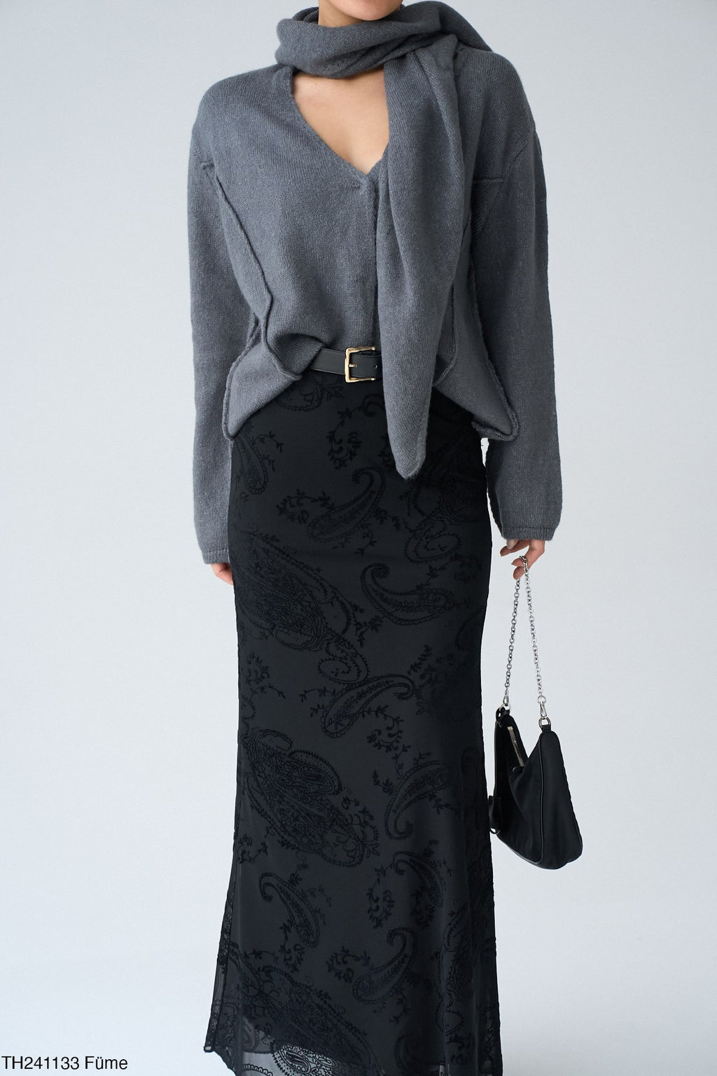 Kadın V Yaka Şal Detaylı Oversize Hırka