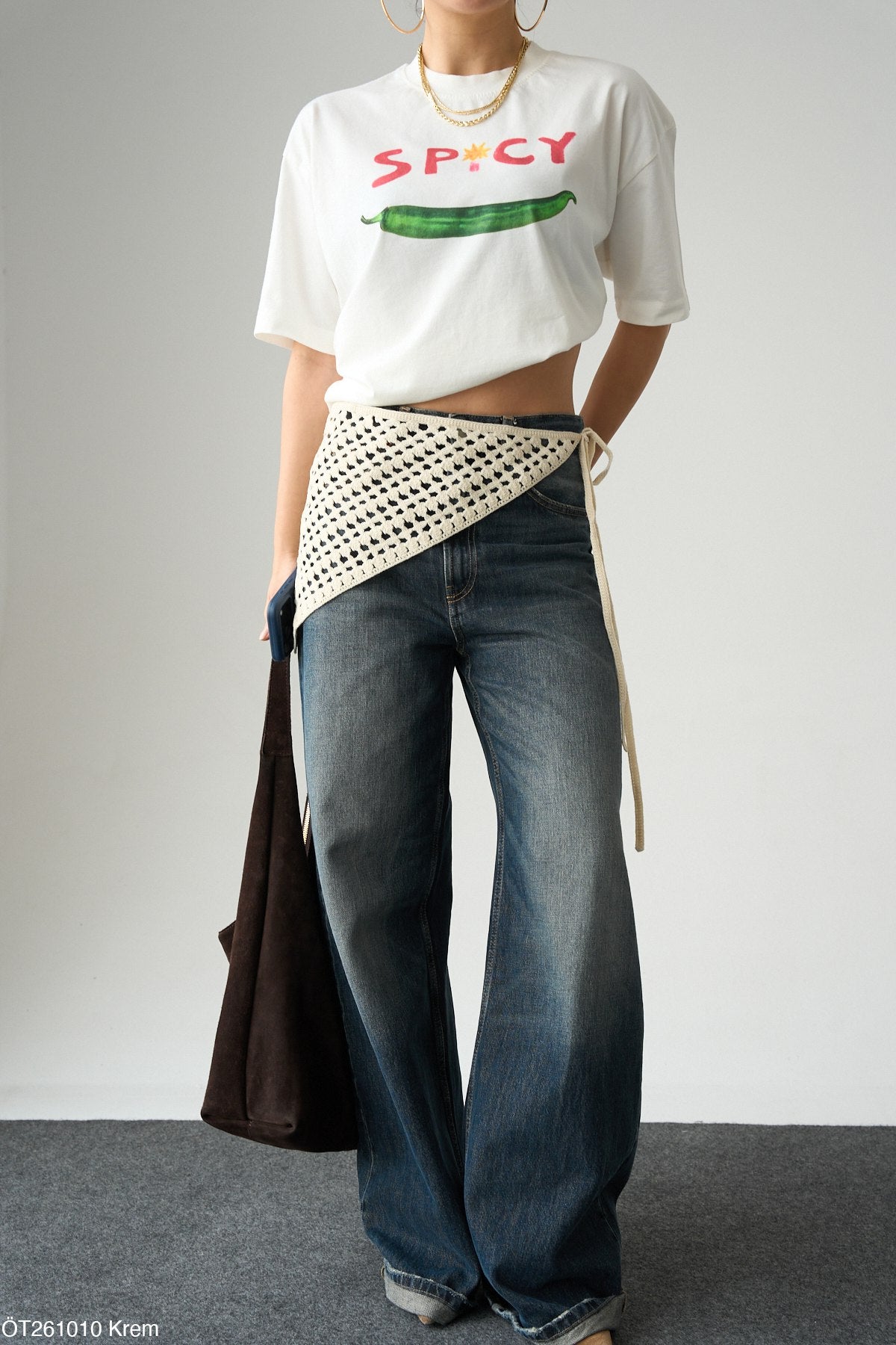 Kadın Krem Örgü Bağlama Detaylı Aksesuar Bandana Pareo