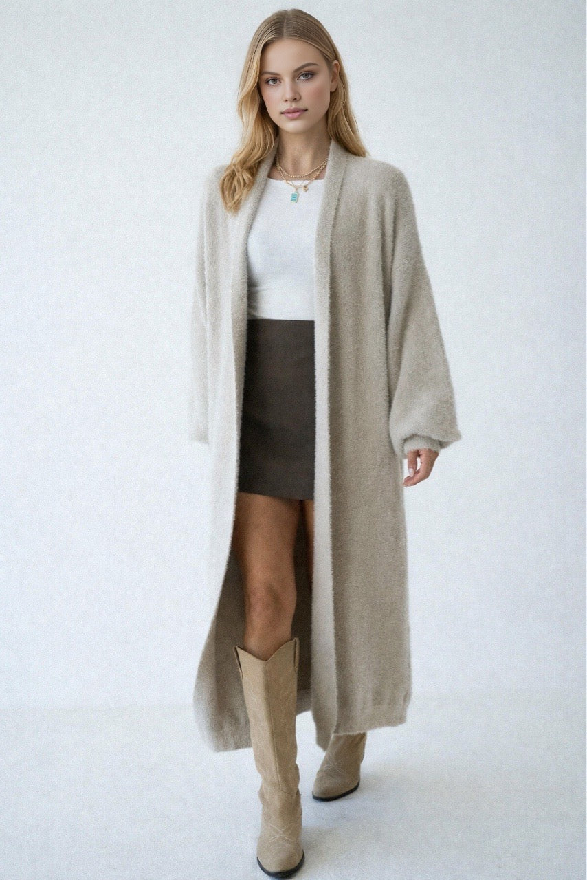 Kadın Şal Yaka Dokulu Balon Kol Uzun Salaş Hırka