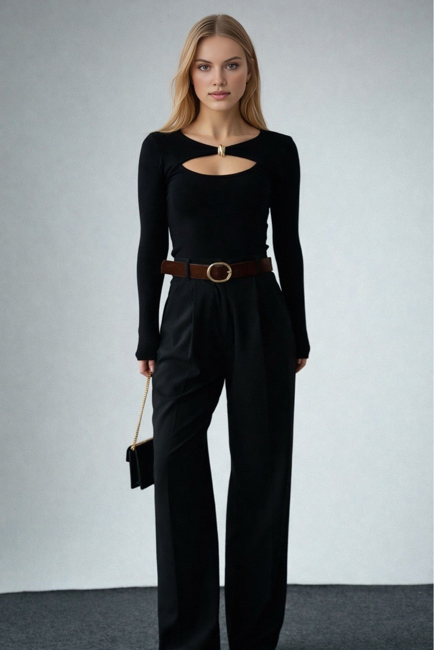 Kadın Siyah Kemerli Palazzo Pantolon