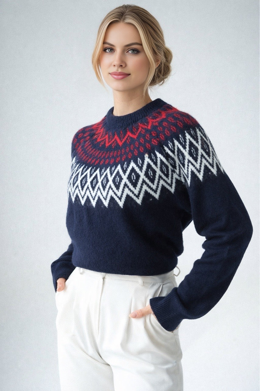 Kadın Bisiklet Yaka Desenli Yünlü Kazak