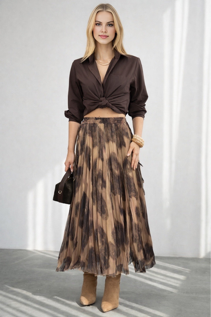 Kadın Kahve Paisley Şal Desenli Asimetrik Kesim Etek