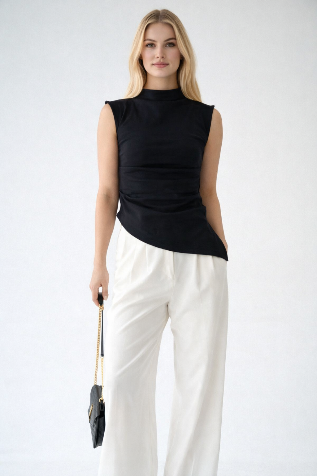 Kadın Dik Yaka Drape Detaylı Asimetrik Kolsuz Pamuklu Bluz