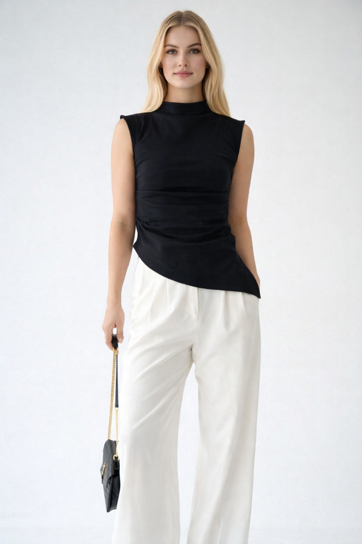 Kadın Dik Yaka Drape Detaylı Asimetrik Kolsuz Pamuklu Bluz