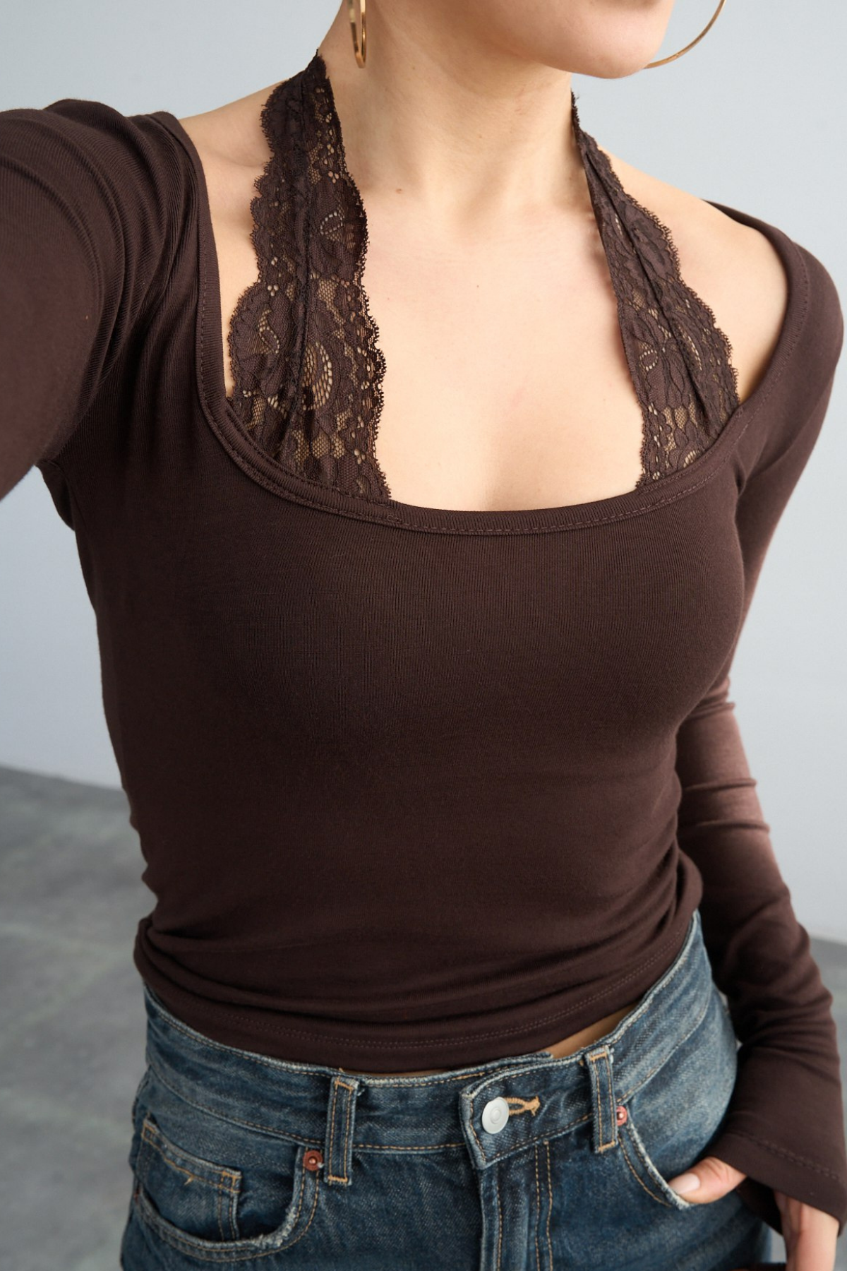 Kadın Dantel Boyun Bağlama Detaylı Bluz