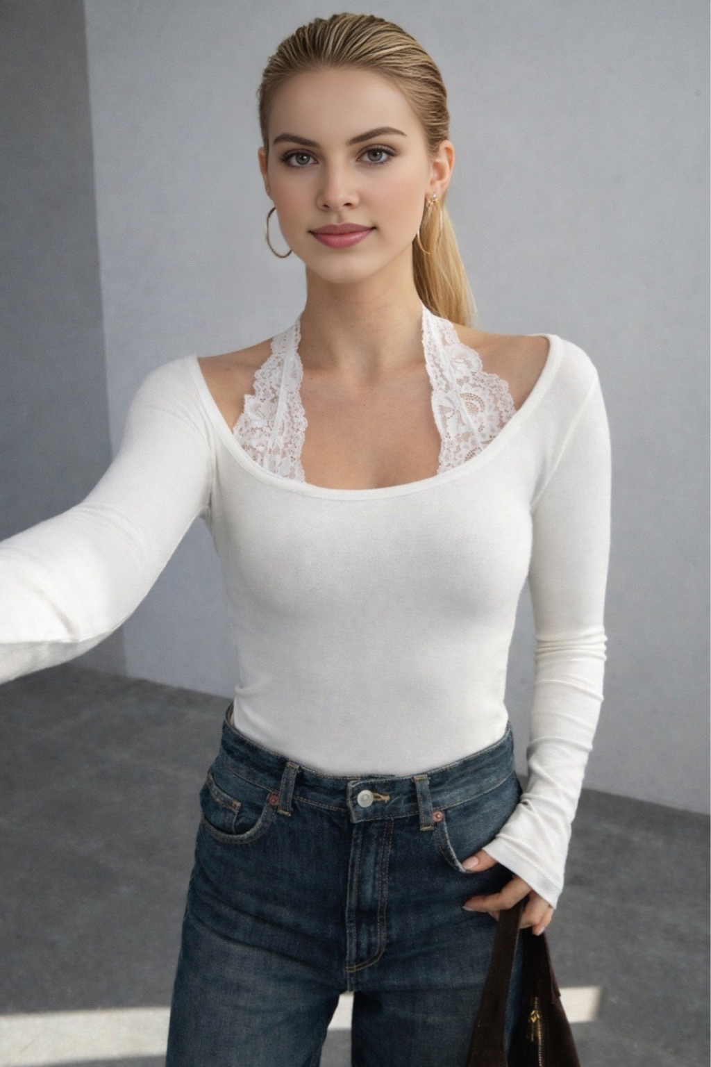 Kadın Dantel Boyun Bağlama Detaylı Bluz