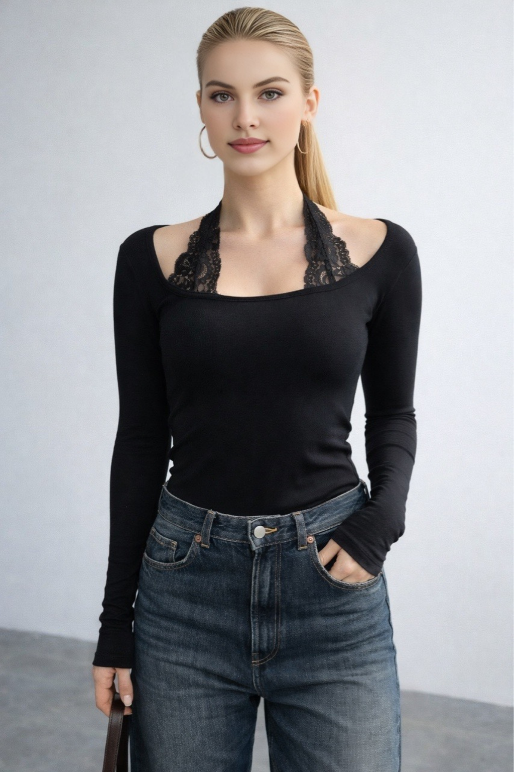 Kadın Dantel Boyun Bağlama Detaylı Bluz