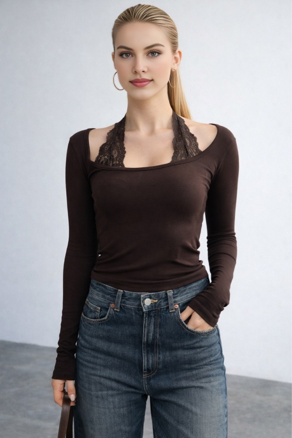 Kadın Dantel Boyun Bağlama Detaylı Bluz