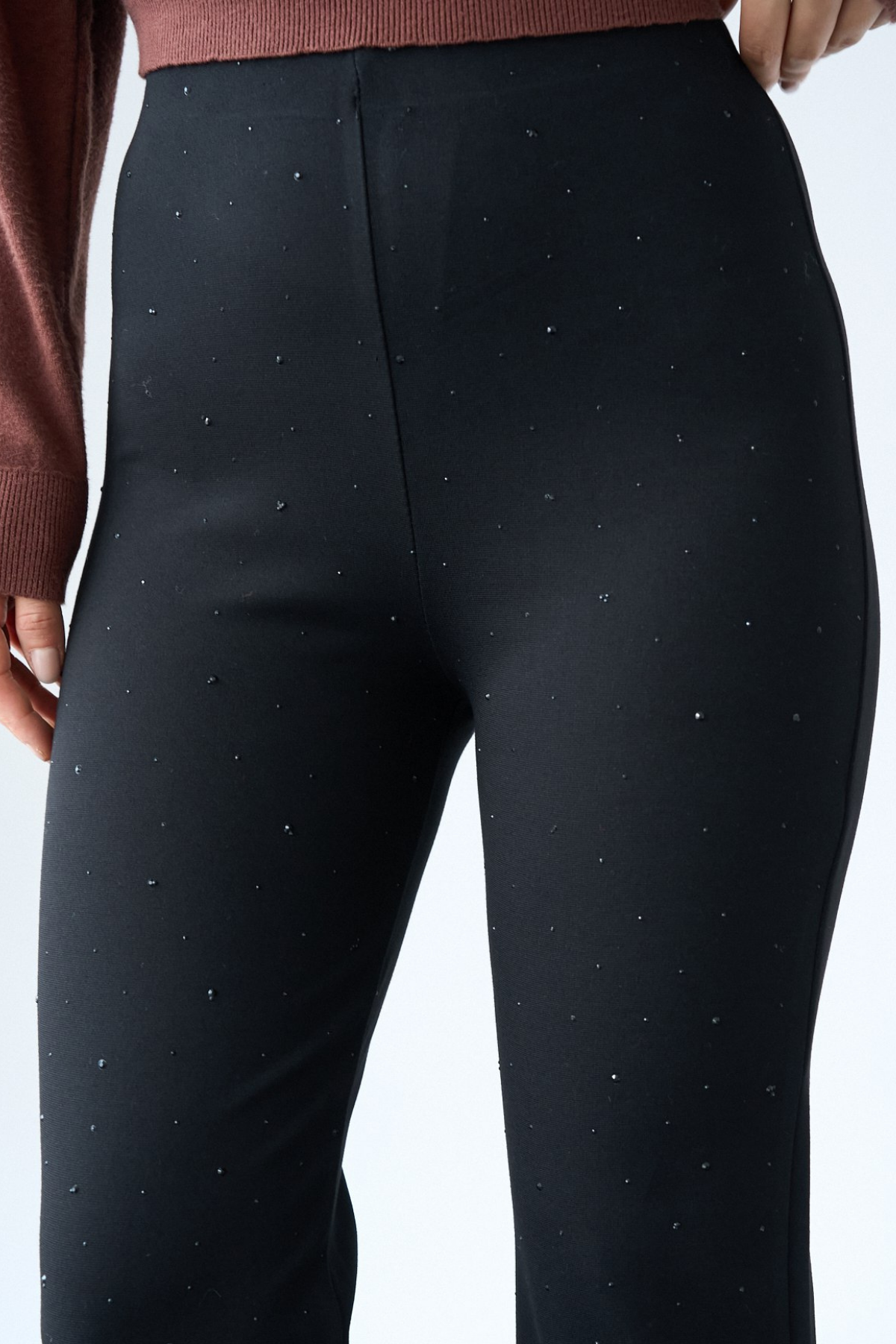 Kadın Siyah Taş İşlemeli İspanyol Paça Tayt Pantolon