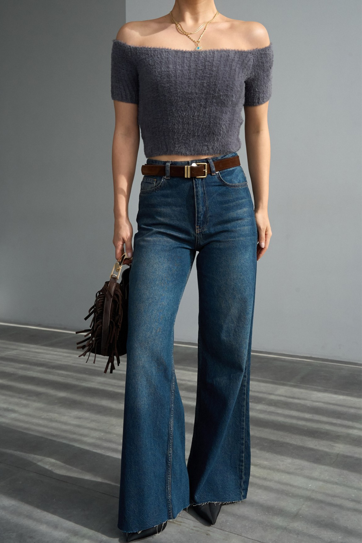 Kadın Omuzları Açık Yumuşak Dokulu Crop