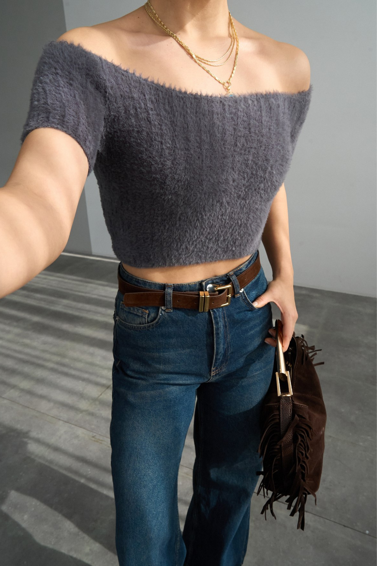 Kadın Omuzları Açık Yumuşak Dokulu Crop