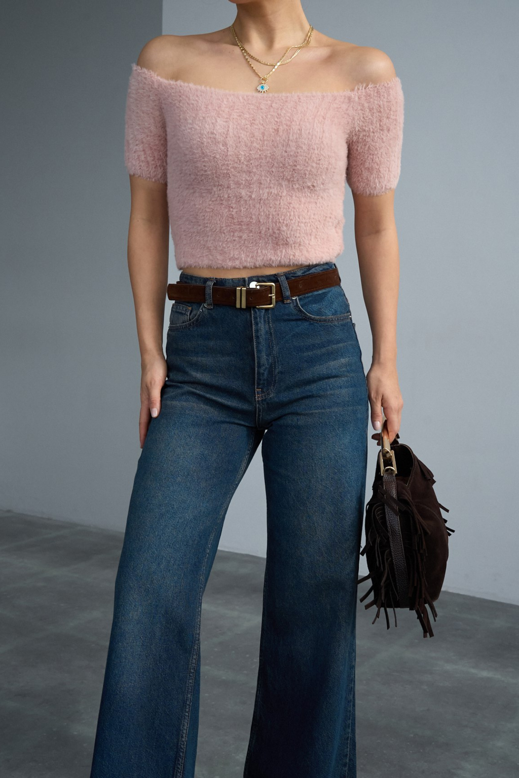 Kadın Omuzları Açık Yumuşak Dokulu Crop