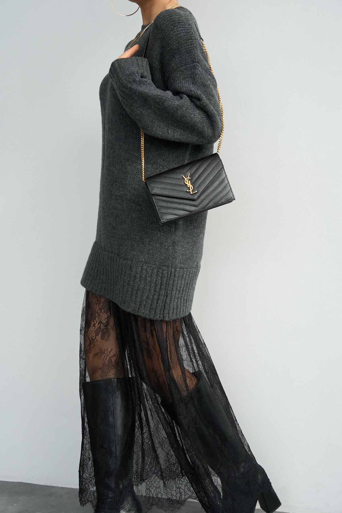 Kadın Siyah Bisiklet Yaka Dantel Detaylı Uzun Elbise