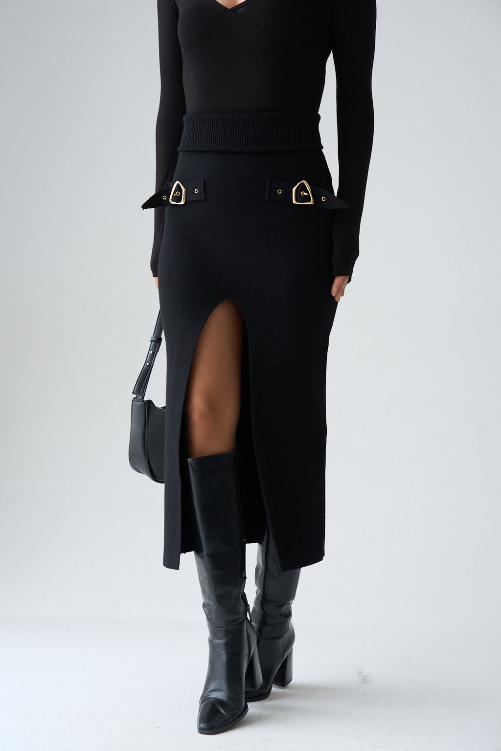 Kadın Aksesuar Detaylı Yırtmaçlı Triko Etek